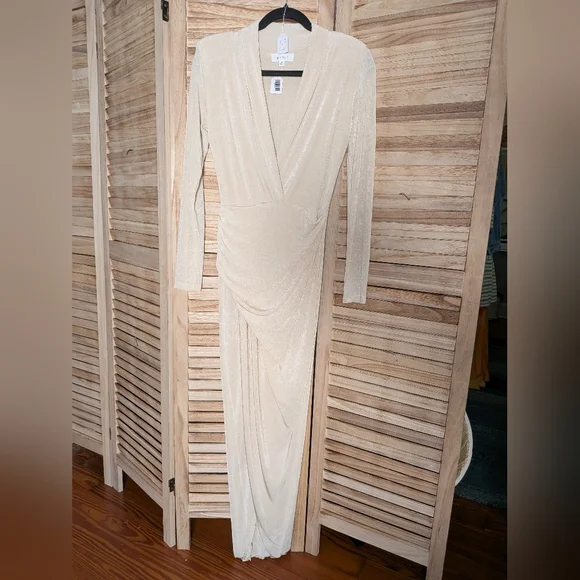 Mable Champagne Ruched Plunge Long Sleeve Maxi Dress Glam Evening Gown S - Picture 2 of 7